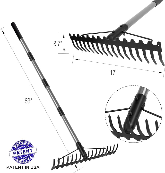 Walensee 5.4FT Bow Rake Heavy Duty Garden Rake with Stainless Steel Handle, 17 Steel Tines Metal Head Rake Tool for Loosening Soil Gathering Leaf Leveling Lawn Farming Land Management Yarn Thatch Rake