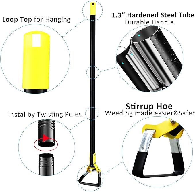 DonSail Hoe Garden Tool - Scuffle Garden Hula Hoes for Weeding Gardening Long Handle Heavy Duty - Adjustable Weeding Loop Stirrup Hoe 30-43 Inch Black