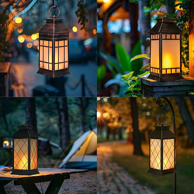18'' Glass Solar Lantern Outdoor Waterproof, Large Hanging Solar Lanterns with Flickering Flame Lights, Metal Outdoor Lantern Decorative for Patio Garden Backyard Tabletop, Vintage Bronze-LeafLine Garden
