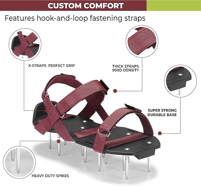 Lawn Aerator Shoes with Hook-and-Loop Straps, Pre-Assembled, Fully Adjustable, One-Size-Fits-All – Lawn and Garden Tool Reduces Thatch, Revives Soil Health (Maroon)
