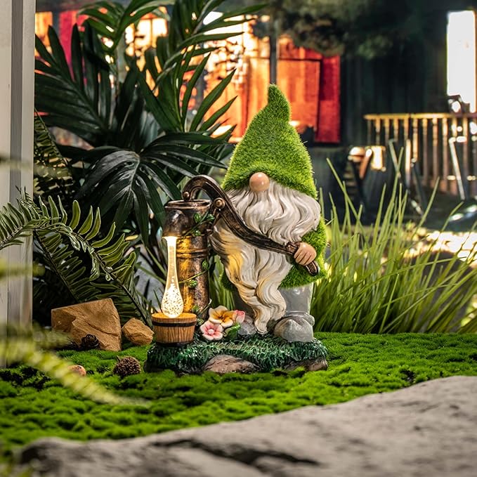 TERESA'S Collections Resin Garden Gnomes Decor with Solar Lights, Light Green Outdoor Decorations for Porch Patio, Gifts for Women and Men,Outdoor Garden Decor Ornaments for Outside, 9"