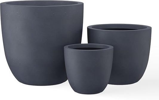 Kante 18",14",10" Dia Concrete Round Planters (Set of 3), Outdoor Indoor Large Planter Pots with Drainage Hole and Rubber Plug for Home Patio Garden, Charcoal-LeafLine Garden