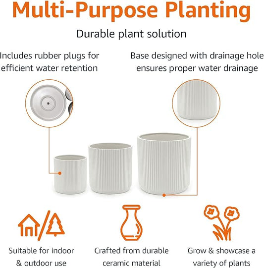 Amazon Basics Assorted Sizes Fluted Ceramic Round Indoor Outdoor Planters with Drainage, Set of 3, Modern Design, 6 inch, 8 inch, 10 inch, White