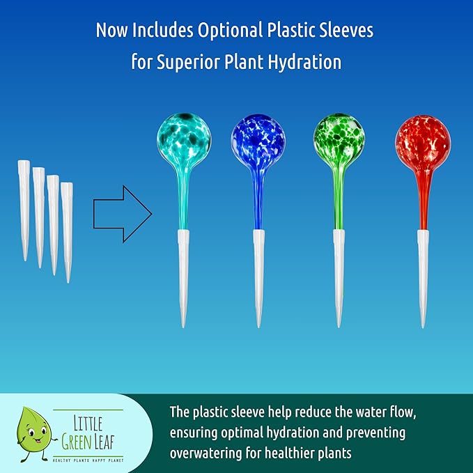LGL Plant Watering Globes. Self Watering Planter Inserts Made from Hand-Blown Durable Glass. Self Watering Spikes to Support Plant Health. (4pk Small)