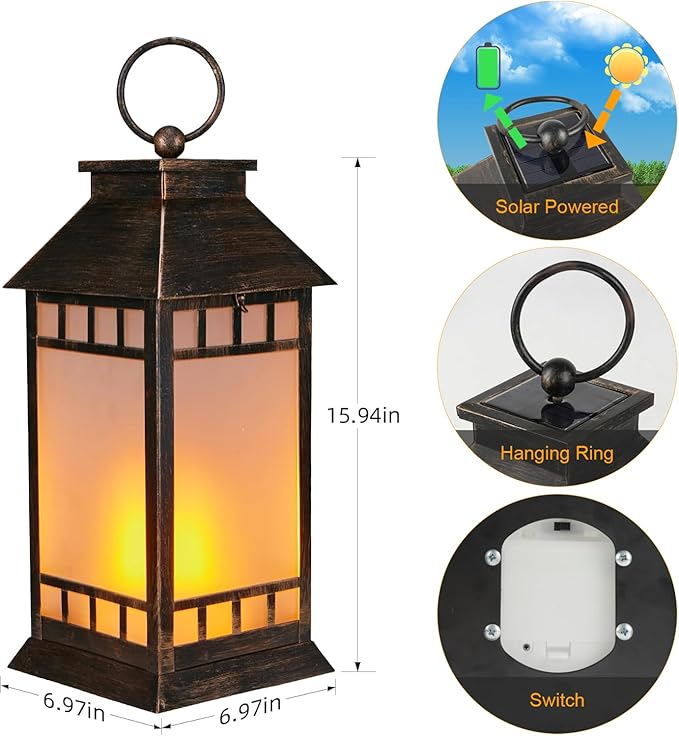 18'' Glass Solar Lantern Outdoor Waterproof, Large Hanging Solar Lanterns with Flickering Flame Lights, Metal Outdoor Lantern Decorative for Patio Garden Backyard Tabletop, Vintage Bronze-LeafLine Garden