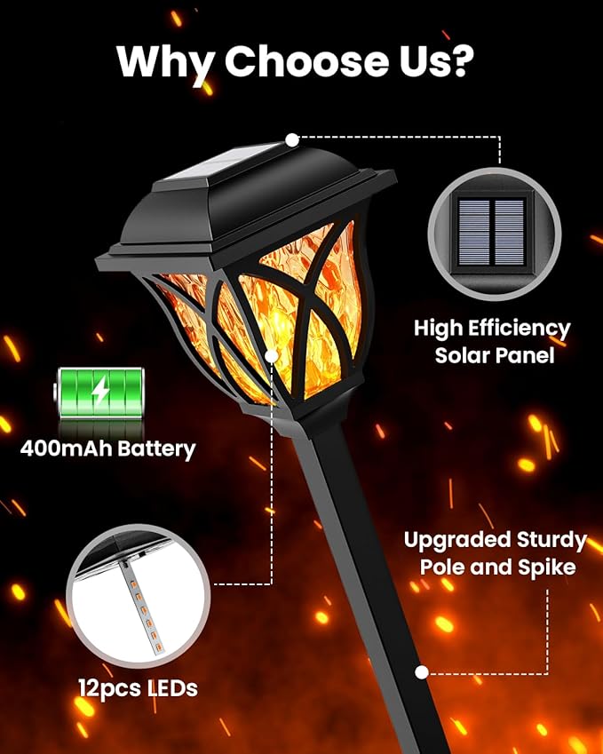 Solar Lights Outdoor, Solar Torch Lights with Flickering Flame, Solar Powered Outdoor Decorations Waterproof, Tiki Torches for Garden Yard Path Patio Porch Outside Decor (6 Pack)