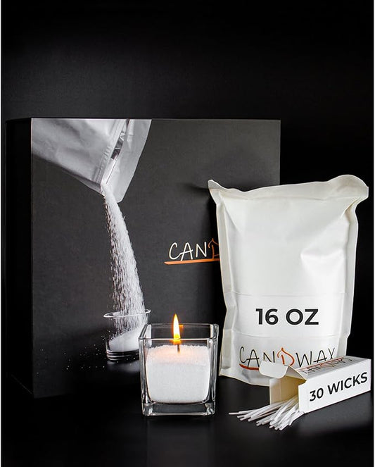 CANDWAX Pearled Candle Wax Sand 16 Oz (450g) - Gift Candle Powder - Plant-Based Smokeless Dripless Candle Unscented - Refillable Candle Pearls with 30 Wicks and a Reusable Glass Container