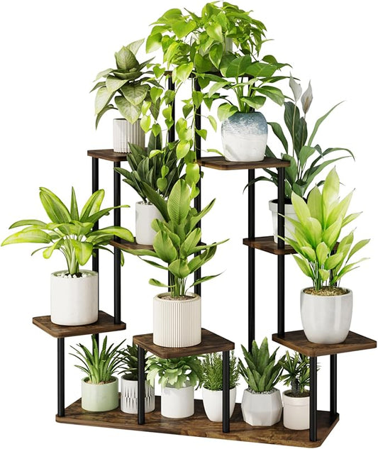 Bamworld Large Plant Stand Indoor, 9 Tier Tall Metal Plant Shelf for Multiple Plants, Tiered Flower Stand for Patio Garden Balcony Living Room Bedroom(Brown)-LeafLine Garden