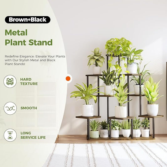 Bamworld Large Plant Stand Indoor, 9 Tier Tall Metal Plant Shelf for Multiple Plants, Tiered Flower Stand for Patio Garden Balcony Living Room Bedroom(Brown)-LeafLine Garden