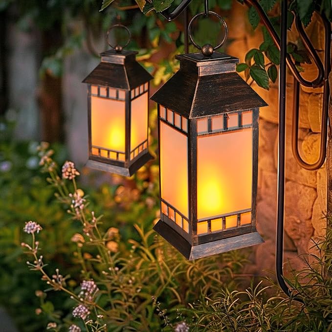 18'' Glass Solar Lantern Outdoor Waterproof, Large Hanging Solar Lanterns with Flickering Flame Lights, Metal Outdoor Lantern Decorative for Patio Garden Backyard Tabletop, Vintage Bronze-LeafLine Garden