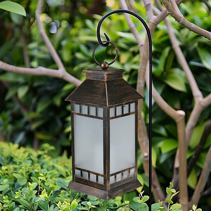 18'' Glass Solar Lantern Outdoor Waterproof, Large Hanging Solar Lanterns with Flickering Flame Lights, Metal Outdoor Lantern Decorative for Patio Garden Backyard Tabletop, Vintage Bronze-LeafLine Garden