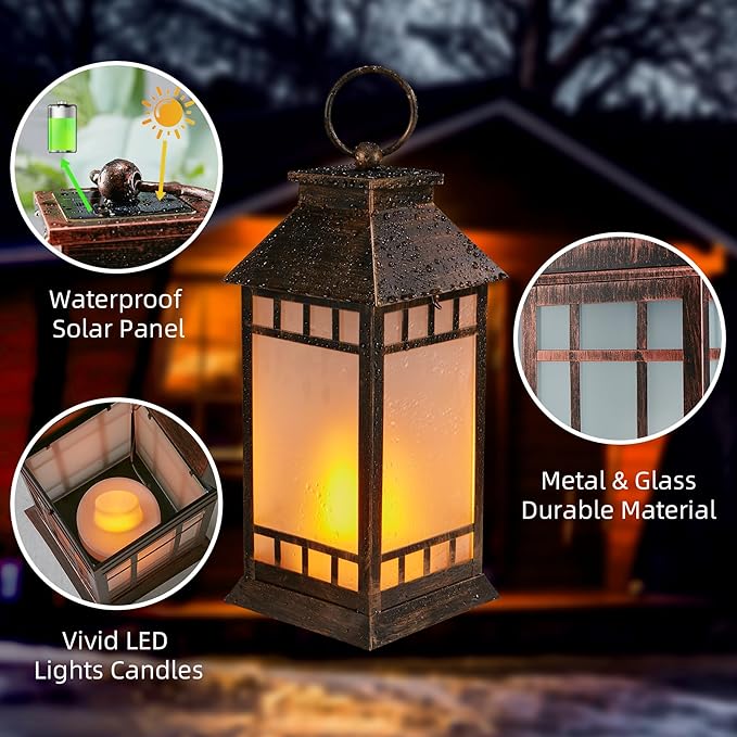 18'' Glass Solar Lantern Outdoor Waterproof, Large Hanging Solar Lanterns with Flickering Flame Lights, Metal Outdoor Lantern Decorative for Patio Garden Backyard Tabletop, Vintage Bronze-LeafLine Garden
