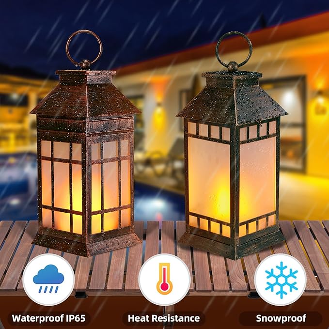 18'' Glass Solar Lantern Outdoor Waterproof, Large Hanging Solar Lanterns with Flickering Flame Lights, Metal Outdoor Lantern Decorative for Patio Garden Backyard Tabletop, Vintage Bronze-LeafLine Garden