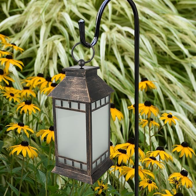 18'' Glass Solar Lantern Outdoor Waterproof, Large Hanging Solar Lanterns with Flickering Flame Lights, Metal Outdoor Lantern Decorative for Patio Garden Backyard Tabletop, Vintage Bronze-LeafLine Garden